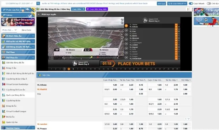 Giao diện cá cược Thể Thao Ảo 88Goals